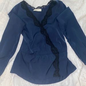 Abercrombie navy silk blouse w/ black lace trim